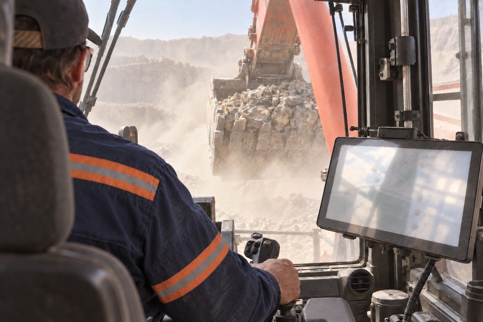 An excavator operator lifting a full bucket of rock, with the fleet management display mounted in the cab