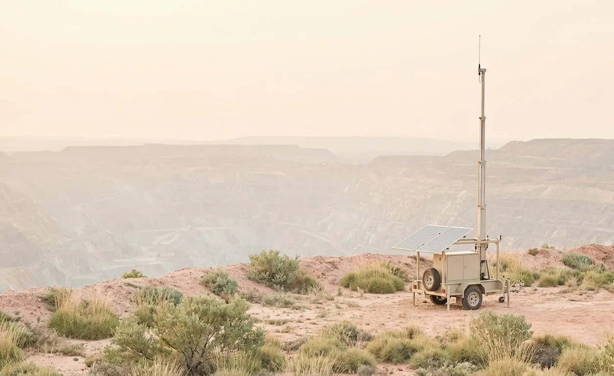 Solar comms trailer on the rim of an open pit