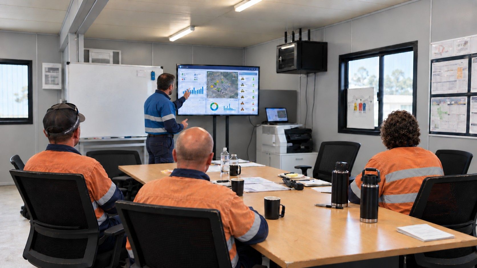 A supervisor taking a crew through the shift's numbers on a screen in a site office