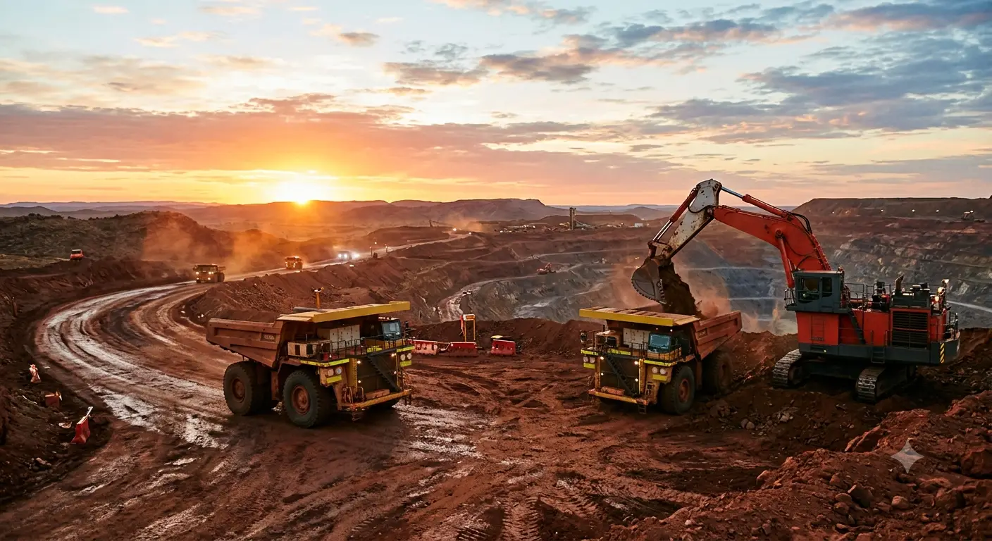 Haul trucks and excavator at dusk