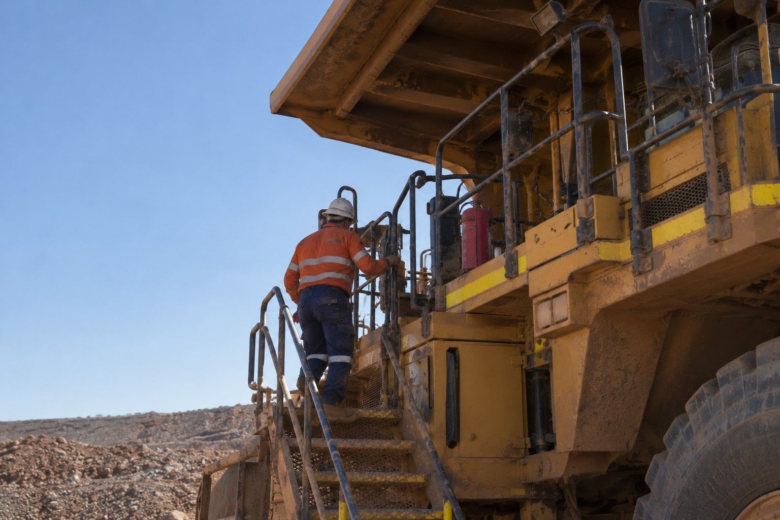An operator climbing the stairs onto a haul truck