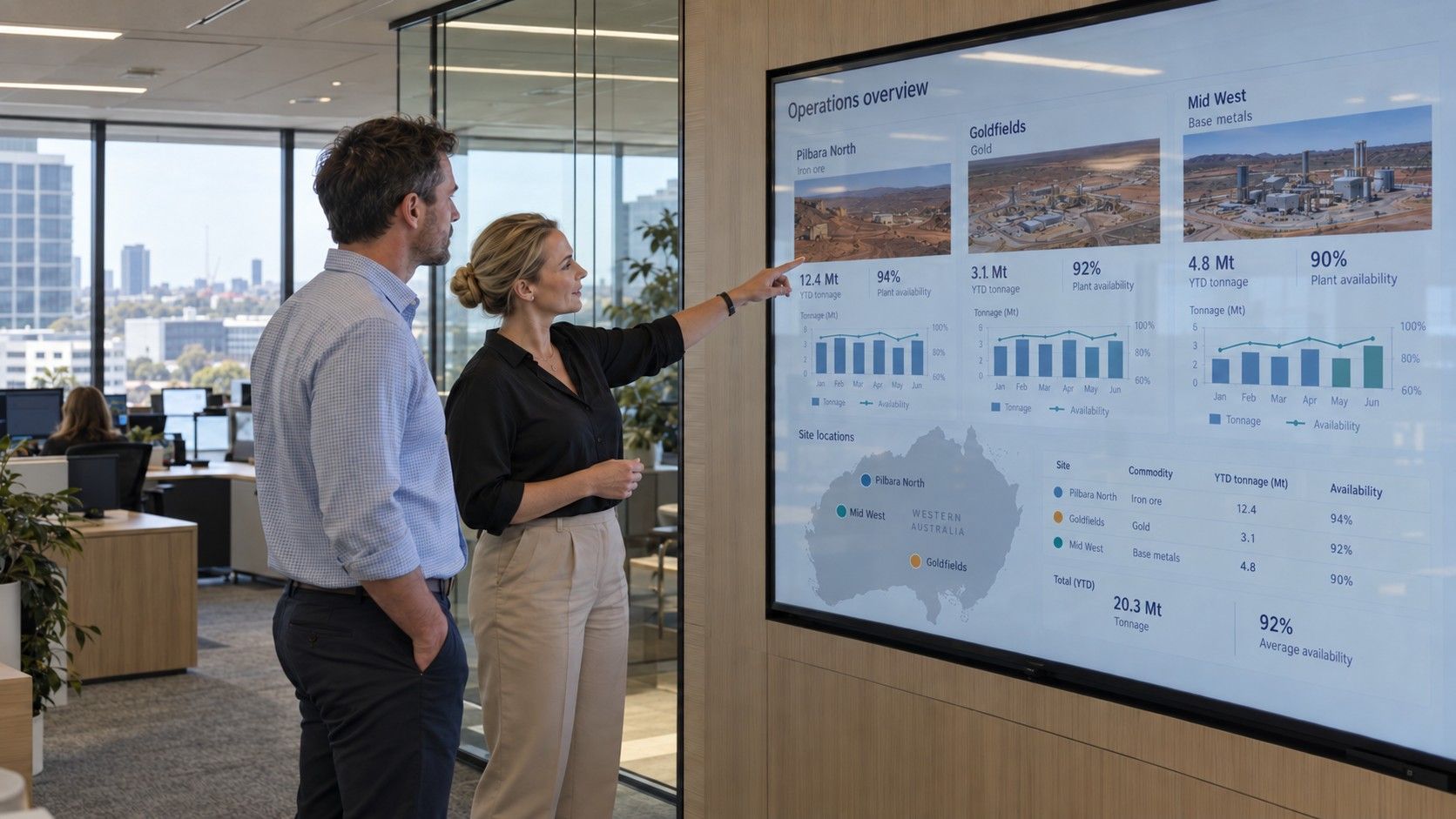 Two people at head office reviewing an overview of several sites on a wall screen