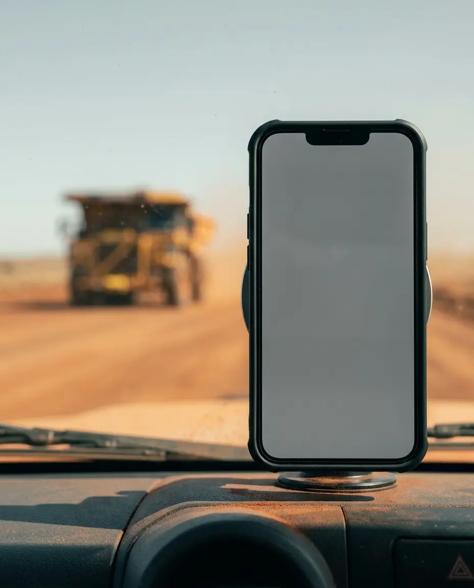 Phone mounted on a ute dashboard, haul truck approaching on a mine haul road