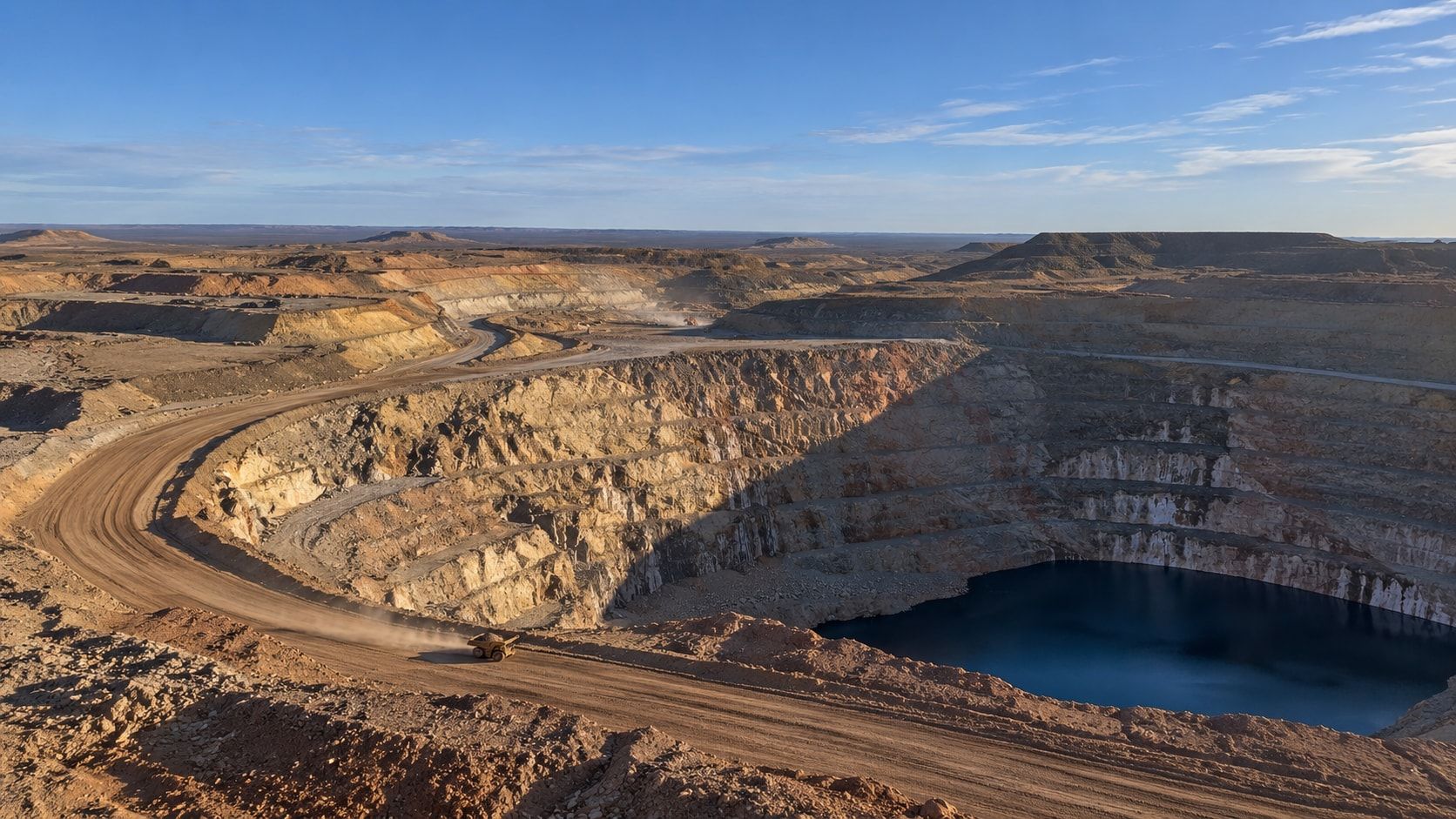 A haul truck on the ramp above a flooded open pit in the late afternoon