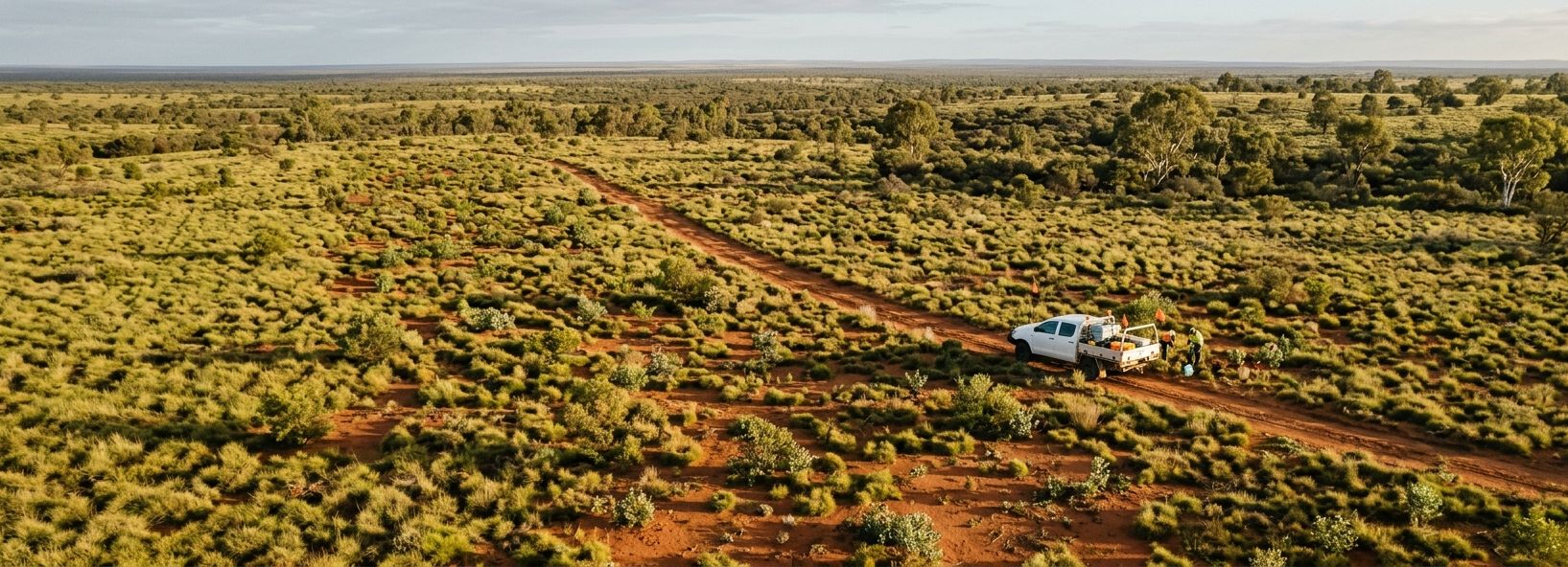 A ute stopped on a red dirt track through spinifex, with two people in hi-vis working beside it, from the air